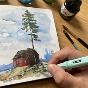 Watercolor imaginary cabin
